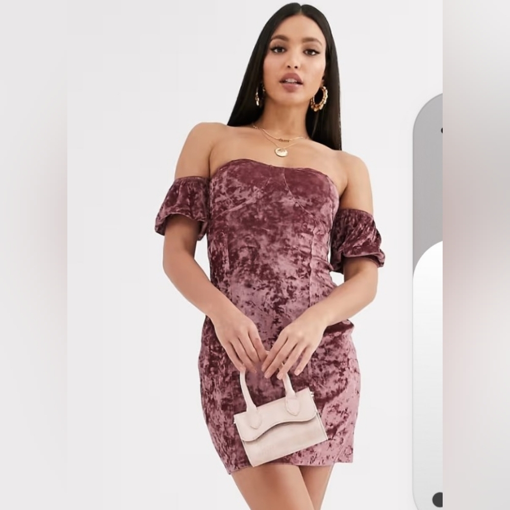 New ASOS Crushed Velvet Dress Womens 2 Off Shoulder Purple Cocktail Bodycon‎ Nwt